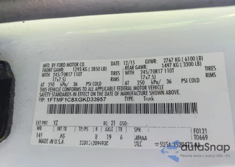 2016 Ford F150 z USA, uszkodzony, nr VIN 1FTMF1C8XGKD33957